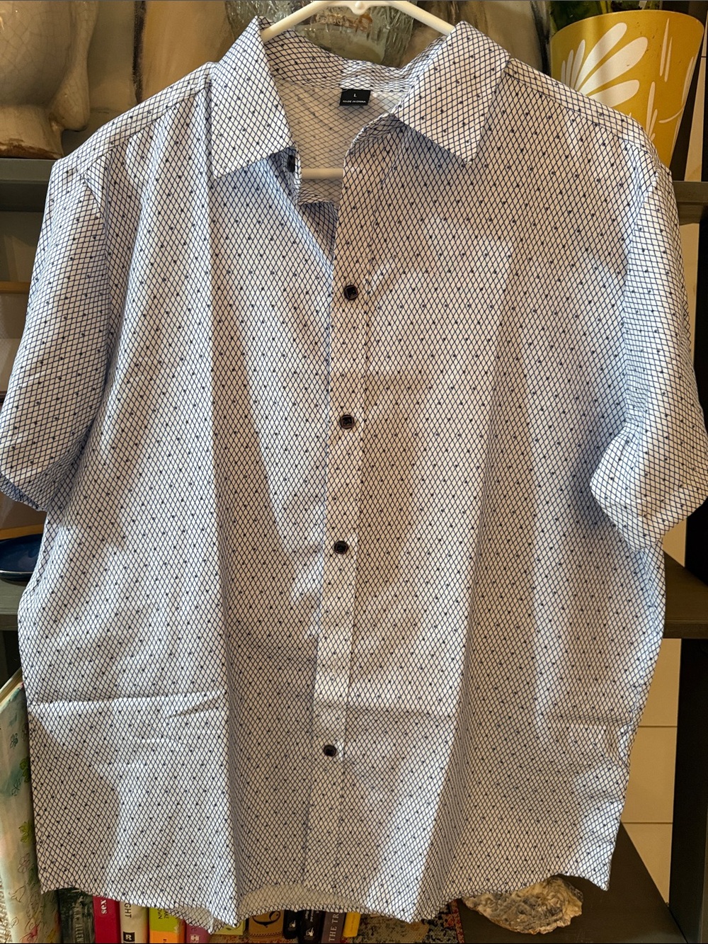 Men's Short-Sleeve Button-Down Shirt in White with Navy Geometric Print